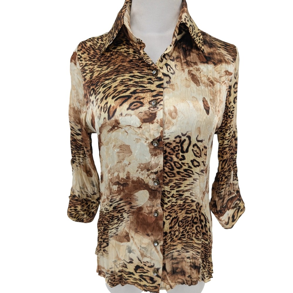 VTG Y2K Satin Crinkle Animal Print Blouse PS Rhinestone Button Indie Office Glam